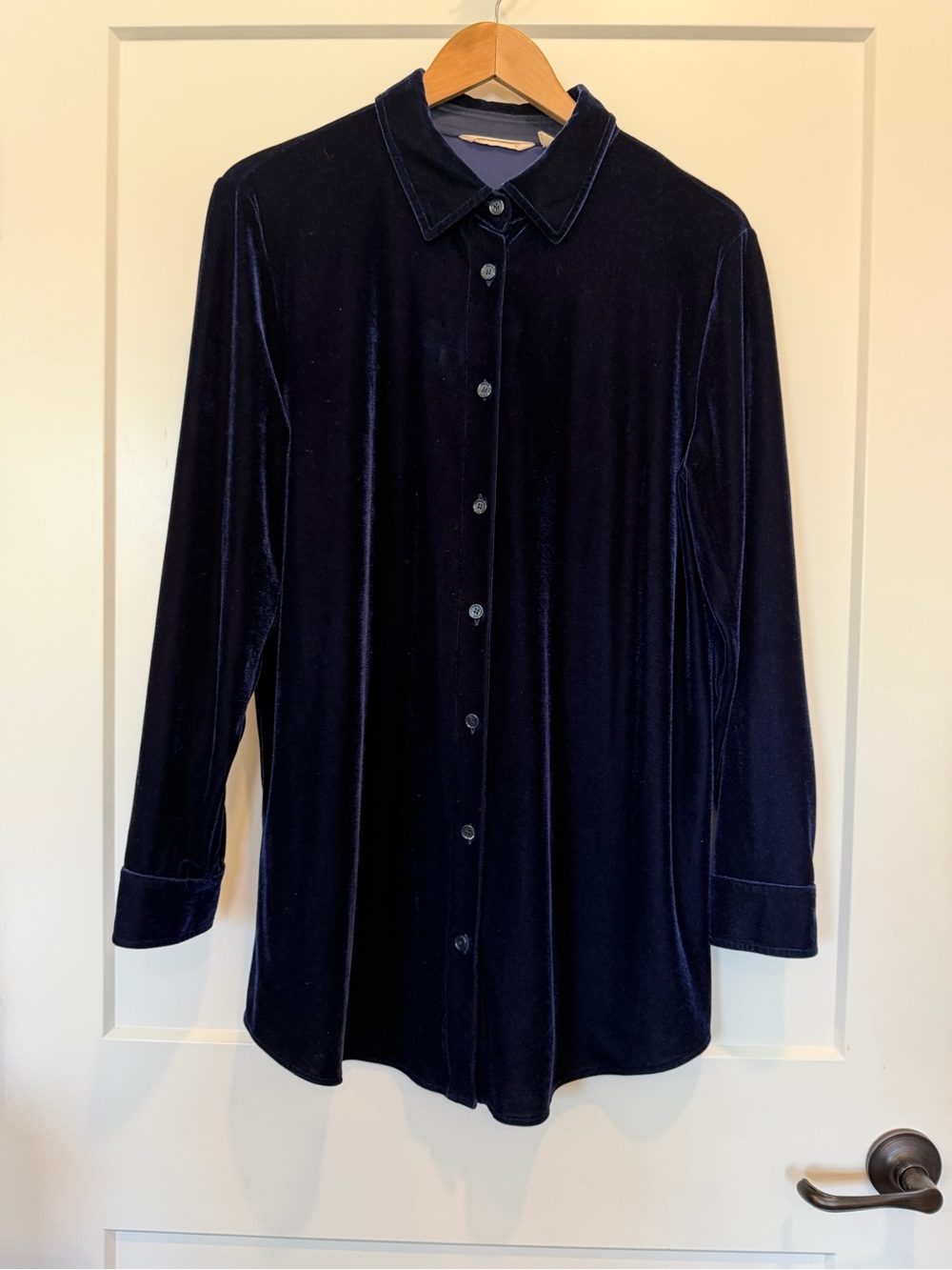 Soft Surroundings Navy Blue Velvet Modest Fall Lagenlook Tunic Button Down Sz L